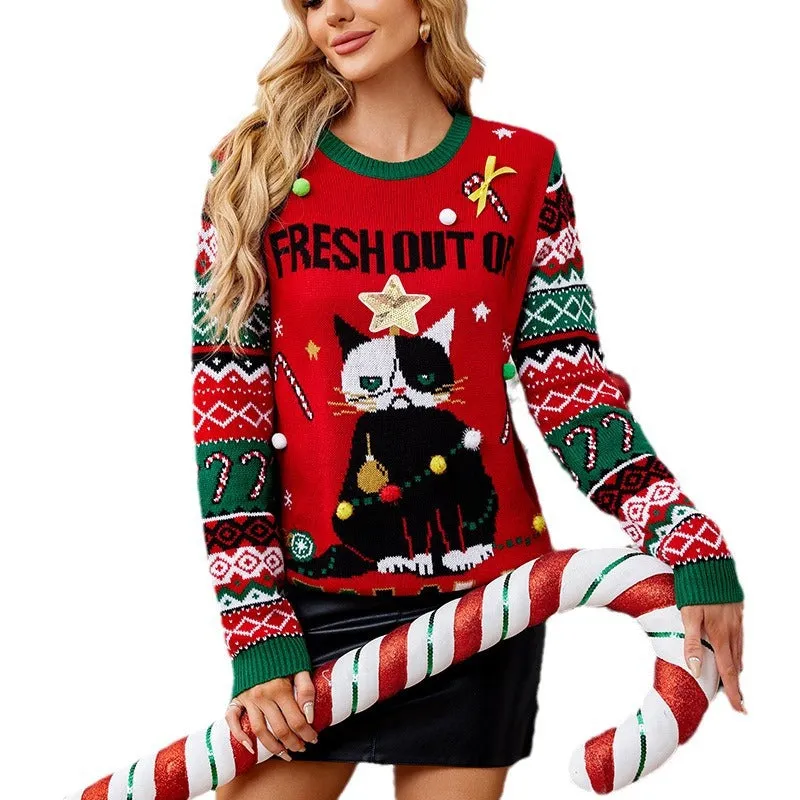 Whimsical Holiday Cartoon Knit Pullover for Cozy Festive Fun