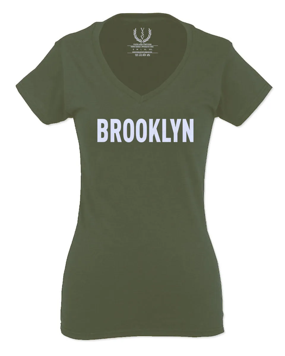 White Fonts New York Brooklyn NYC Cool Lennon Hipster Street For Women V neck fitted T Shirt
