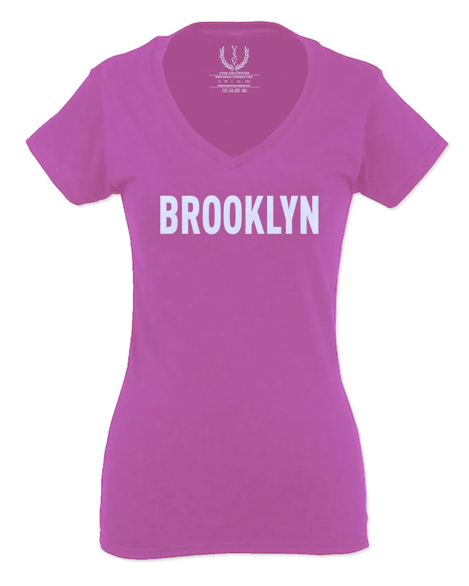 White Fonts New York Brooklyn NYC Cool Lennon Hipster Street For Women V neck fitted T Shirt
