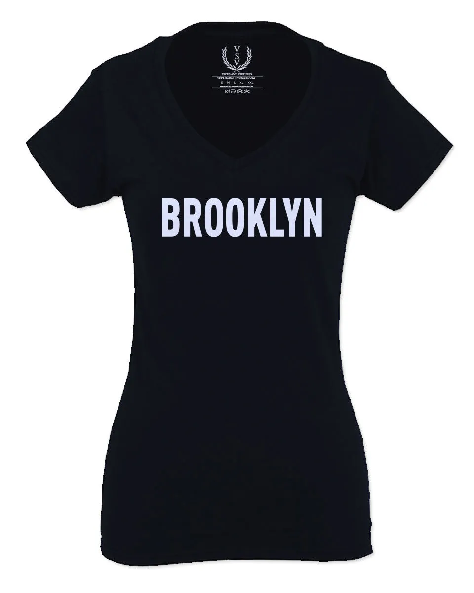White Fonts New York Brooklyn NYC Cool Lennon Hipster Street For Women V neck fitted T Shirt