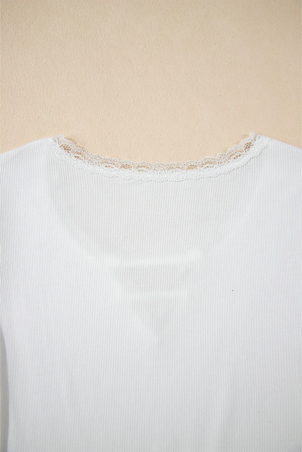White Lace V Neckline Ribbed Slim Fit T Shirt
