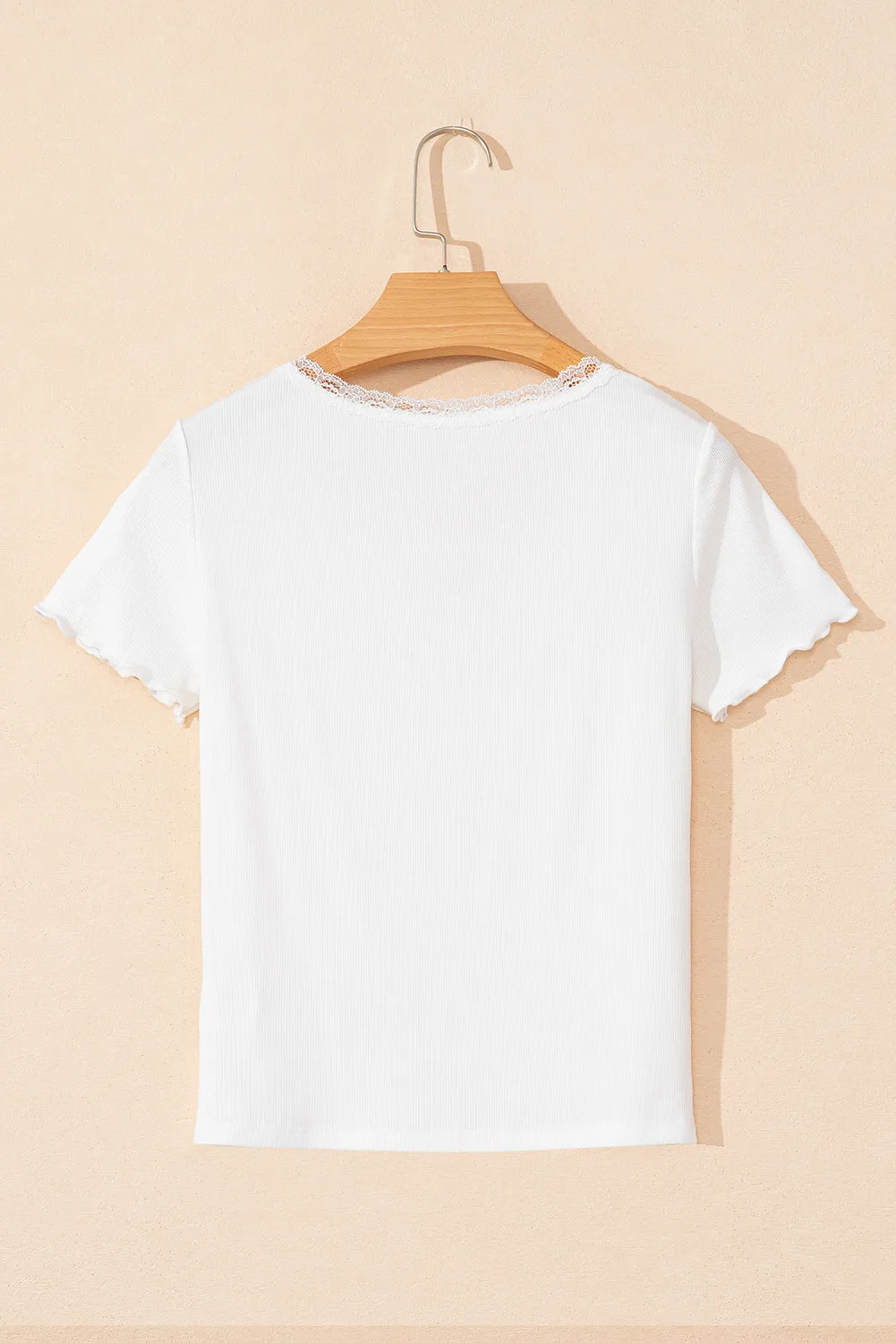 White Lace V Neckline Ribbed Slim Fit T Shirt