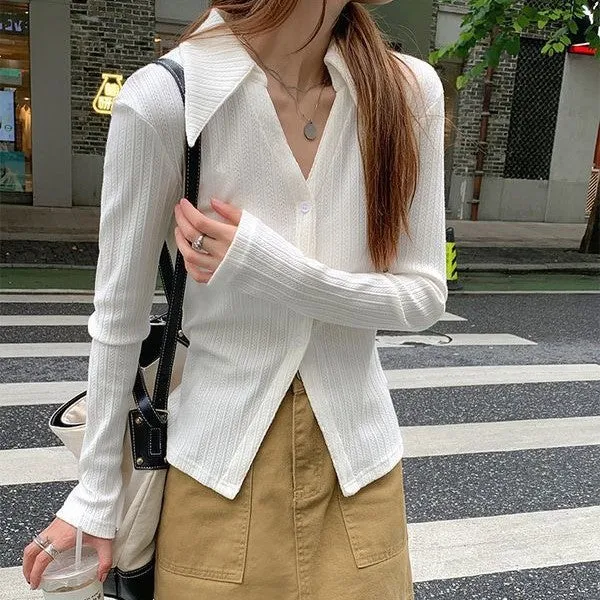 White Textured V Neck Shirt