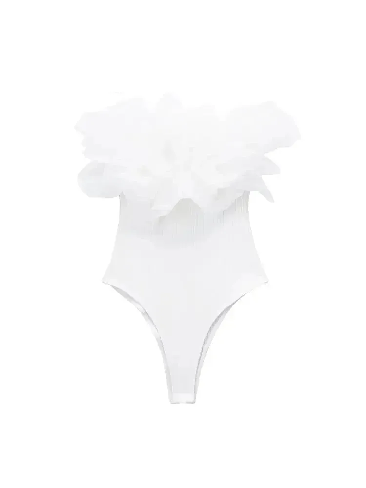 Willshela Women’s Fashion Ribbed Bodysuit with Organza Ruffle