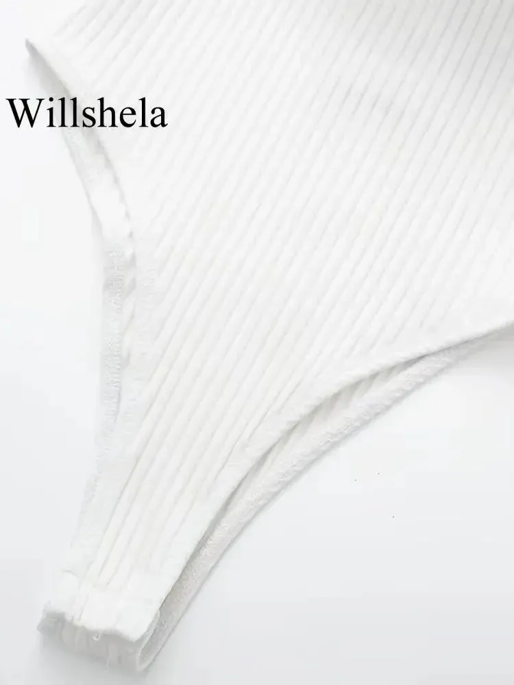 Willshela Women’s Fashion Ribbed Bodysuit with Organza Ruffle