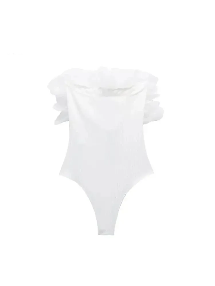 Willshela Women’s Fashion Ribbed Bodysuit with Organza Ruffle