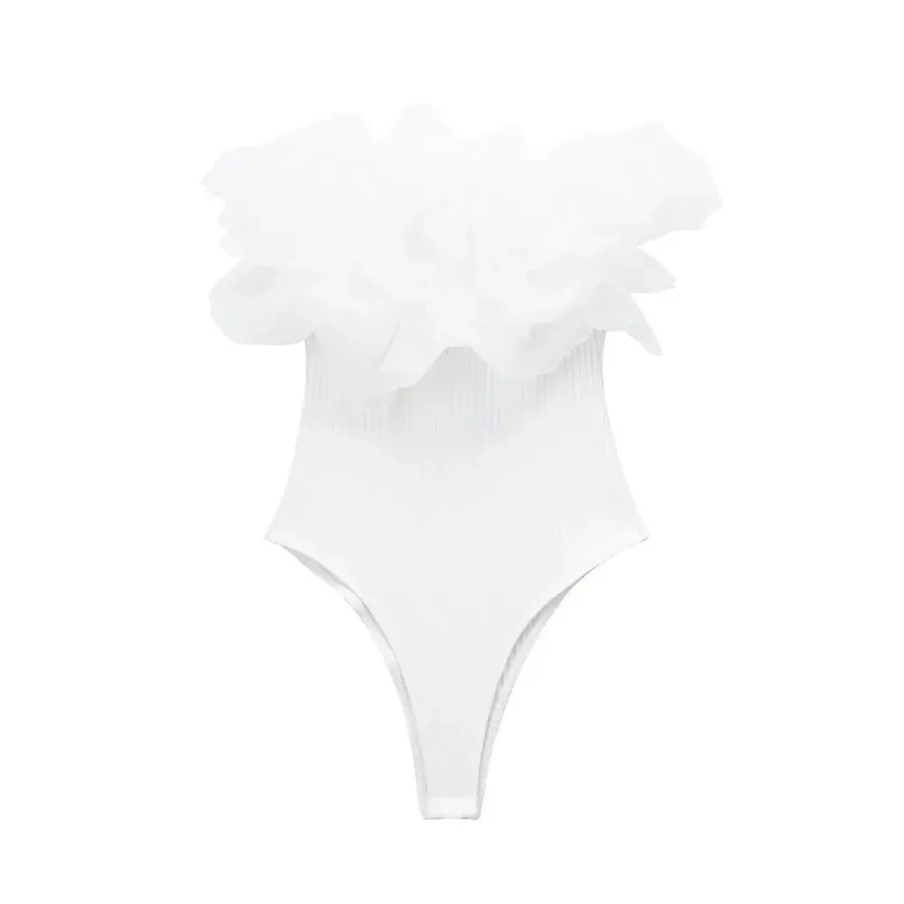 Willshela Women’s Fashion Ribbed Bodysuit with Organza Ruffle