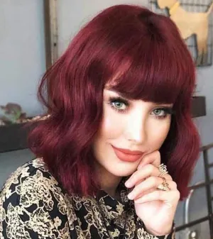 Wine Red Shoulder Length 14" Synthetic Replacement Wig with Curtain Bangs