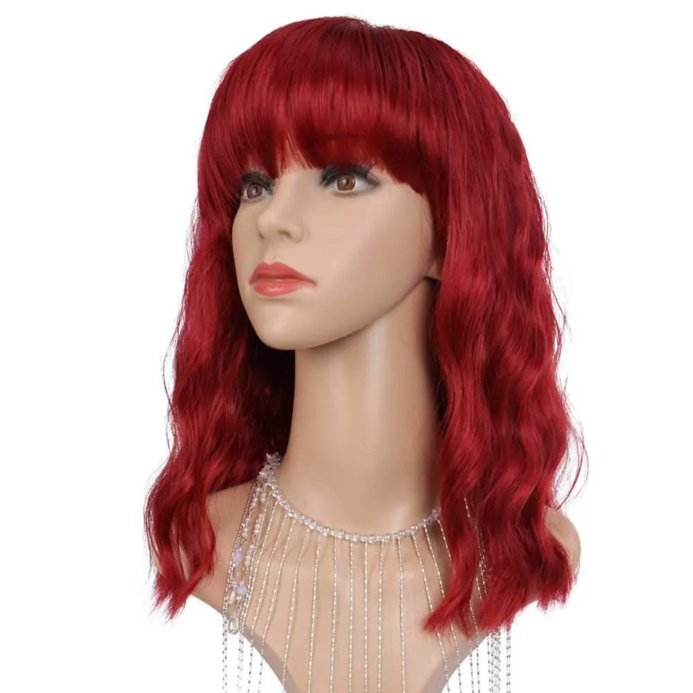Wine Red Shoulder Length 14" Synthetic Replacement Wig with Curtain Bangs