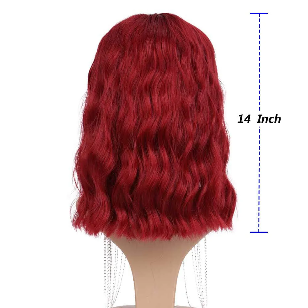 Wine Red Shoulder Length 14" Synthetic Replacement Wig with Curtain Bangs