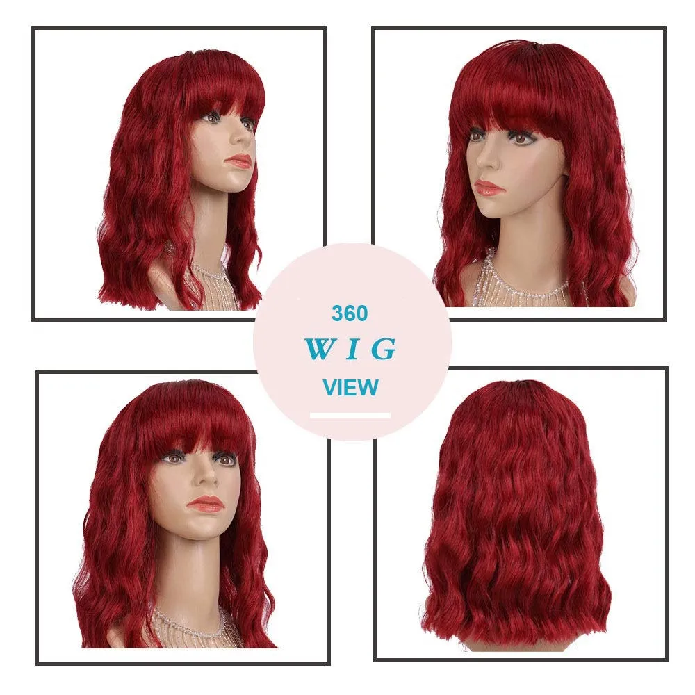 Wine Red Shoulder Length 14" Synthetic Replacement Wig with Curtain Bangs