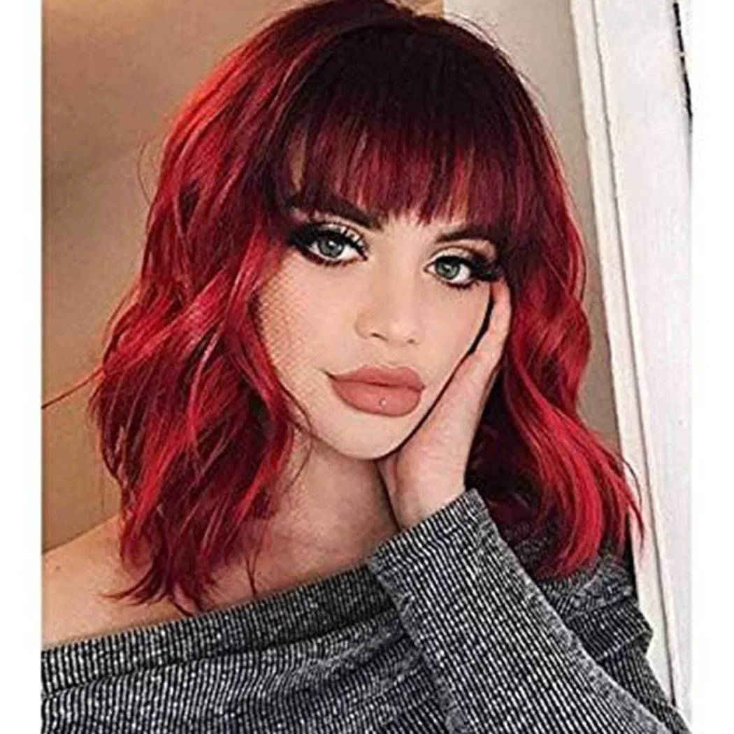 Wine Red Shoulder Length 14" Synthetic Replacement Wig with Curtain Bangs