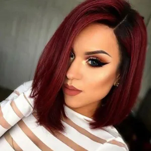 Wine Red Shoulder Length Bob Full Wig | Synthetic Top Quality Heat Resistant Fiber | Human Hair Feel | Side Parting 14"