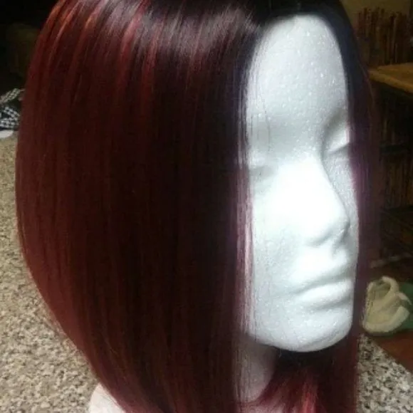 Wine Red Shoulder Length Bob Full Wig | Synthetic Top Quality Heat Resistant Fiber | Human Hair Feel | Side Parting 14"
