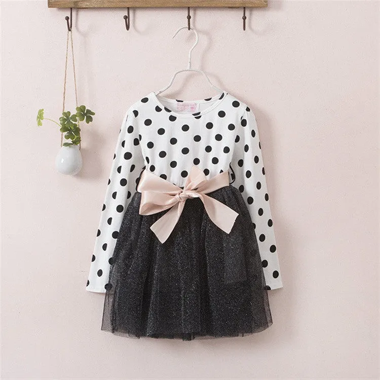 Winter Dress For Girl Long Sleeve Bow-Knot Princess Girls Dresses Polka Dot Print Kids Clothes Casual Baby Clothing