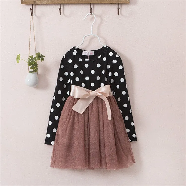 Winter Dress For Girl Long Sleeve Bow-Knot Princess Girls Dresses Polka Dot Print Kids Clothes Casual Baby Clothing