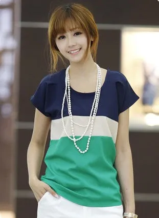 Women Shirts Fashion T-Shirts Ladies Shirts Red Green Stripe Color Lady Short Sleeve Plus Loose Size Tops T Shirts