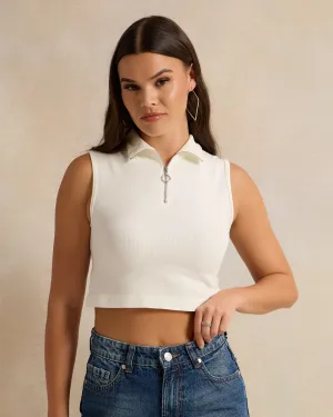 Women White Ribbed Collared T-Shirt