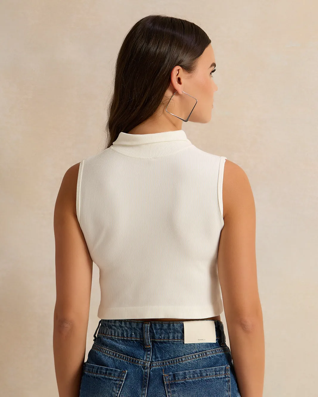 Women White Ribbed Collared T-Shirt