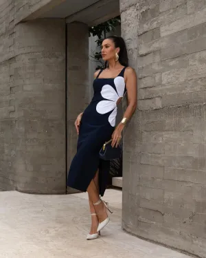 Women's Boutique Fashion Flower Print Cut Out Midi Dress Elegant O-Neck Sleeveless Slim Fit Party Dresses