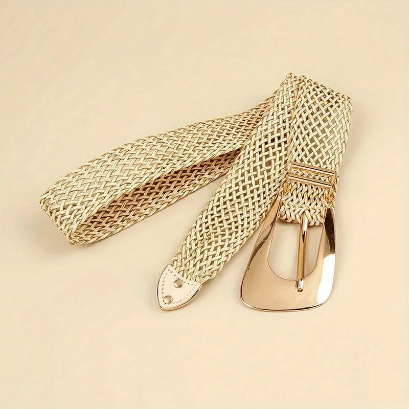 Women's Braided Belt with Metal Buckle in PP Grass & Polyester