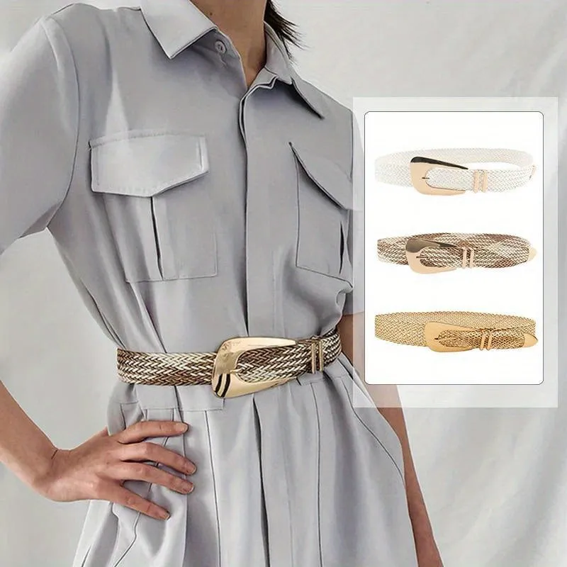 Women's Braided Belt with Metal Buckle in PP Grass & Polyester