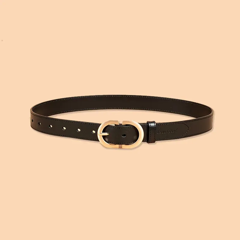 Women's Genuine Cow Leather Belt with Retro Metal Oval Buckle