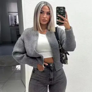 Women's Knitted Crewneck Cardigan | Zip Up