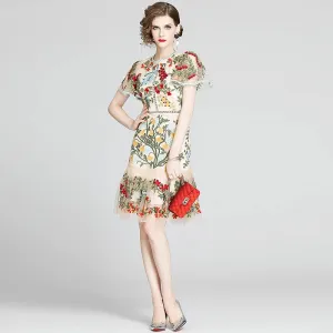 Women's New Boutique Fashion Summer Dress Flare Sleeve Floral Embroidery Elegant Mesh Hollow Out Mini Dresses Vestidos