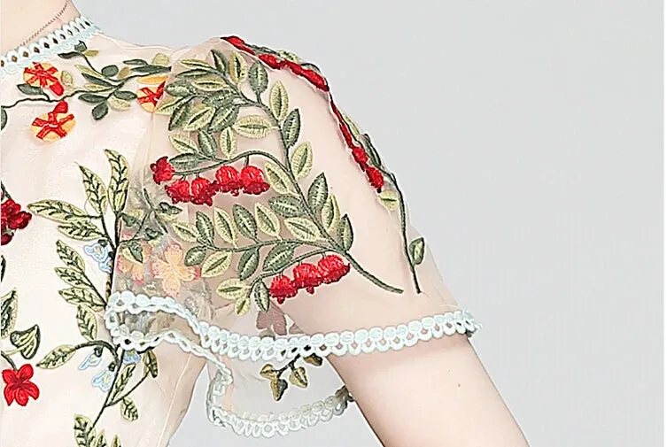 Women's New Boutique Fashion Summer Dress Flare Sleeve Floral Embroidery Elegant Mesh Hollow Out Mini Dresses Vestidos