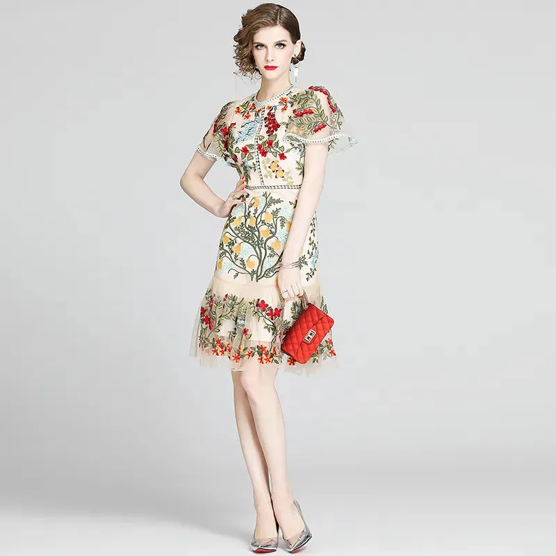 Women's New Boutique Fashion Summer Dress Flare Sleeve Floral Embroidery Elegant Mesh Hollow Out Mini Dresses Vestidos