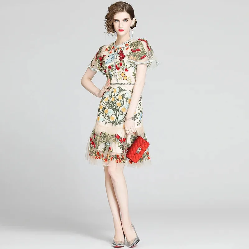 Women's New Boutique Fashion Summer Dress Flare Sleeve Floral Embroidery Elegant Mesh Hollow Out Mini Dresses Vestidos