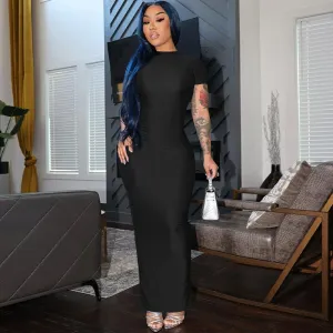 Women's Slim Fit Split Short Sleeve Dress Y2K High Waist Tight Wrap Hip Bodycon Maxi Dress