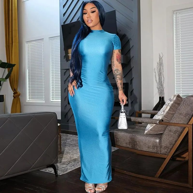 Women's Slim Fit Split Short Sleeve Dress Y2K High Waist Tight Wrap Hip Bodycon Maxi Dress