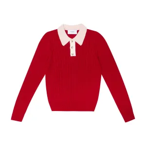 Wool Seamless Knit Poloshirt, Red and Pink
