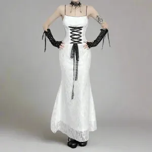 Y2K Gothic Ankle-Length Dress with Lace and Elastic Fabric