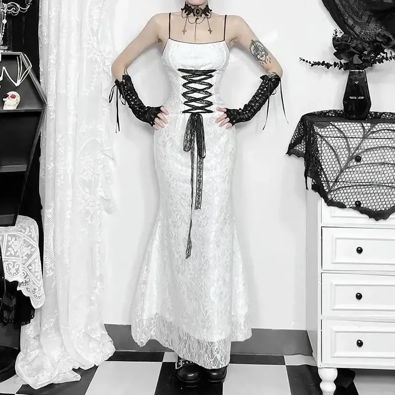 Y2K Gothic Ankle-Length Dress with Lace and Elastic Fabric