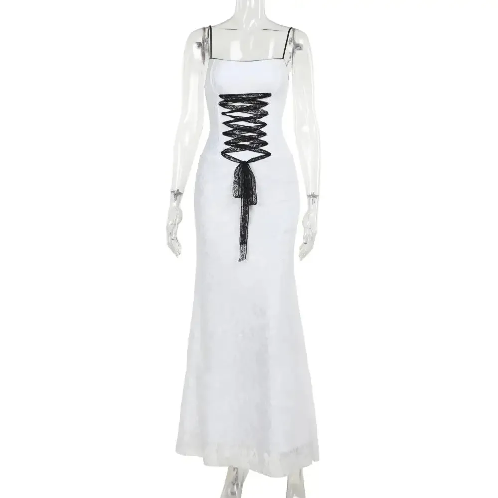 Y2K Gothic Ankle-Length Dress with Lace and Elastic Fabric