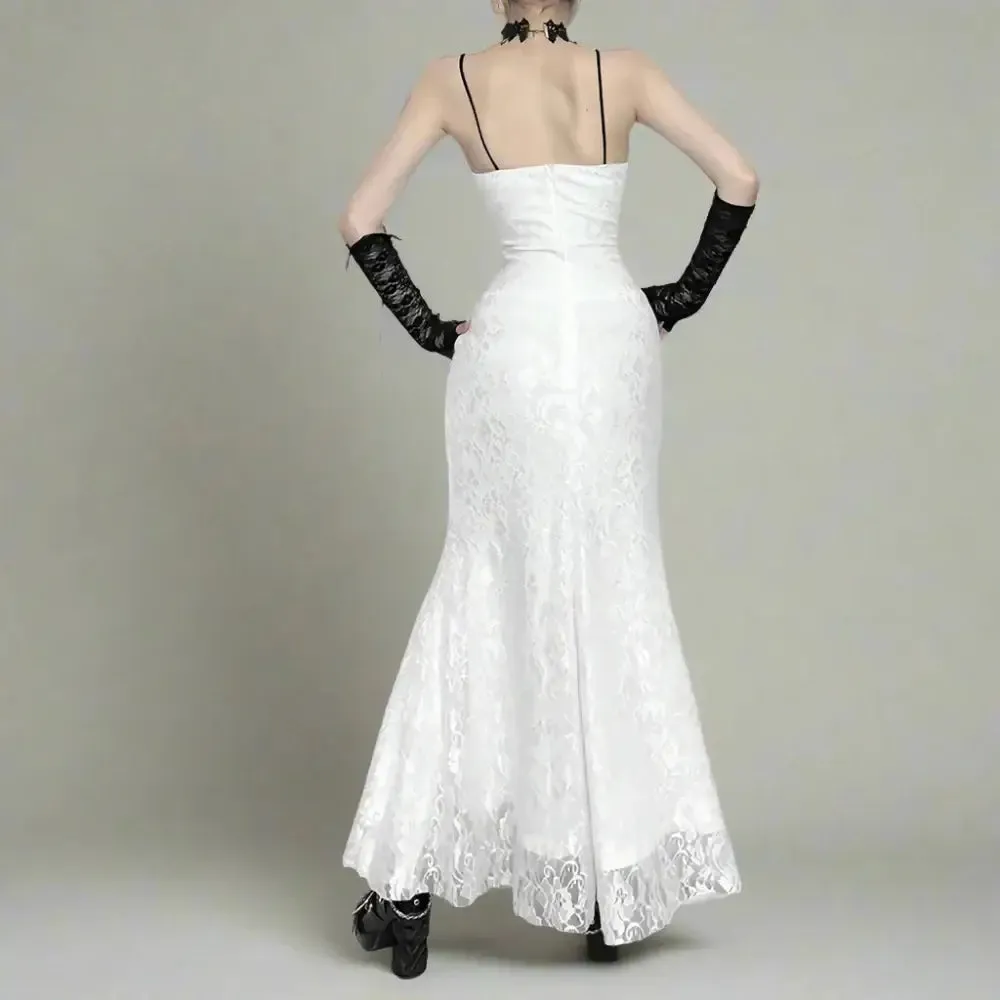 Y2K Gothic Ankle-Length Dress with Lace and Elastic Fabric