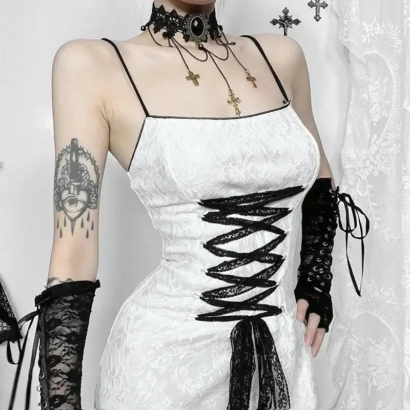 Y2K Gothic Ankle-Length Dress with Lace and Elastic Fabric