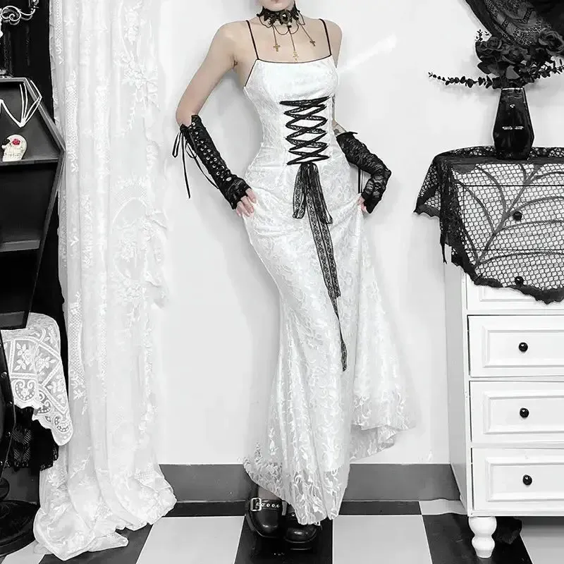 Y2K Gothic Ankle-Length Dress with Lace and Elastic Fabric