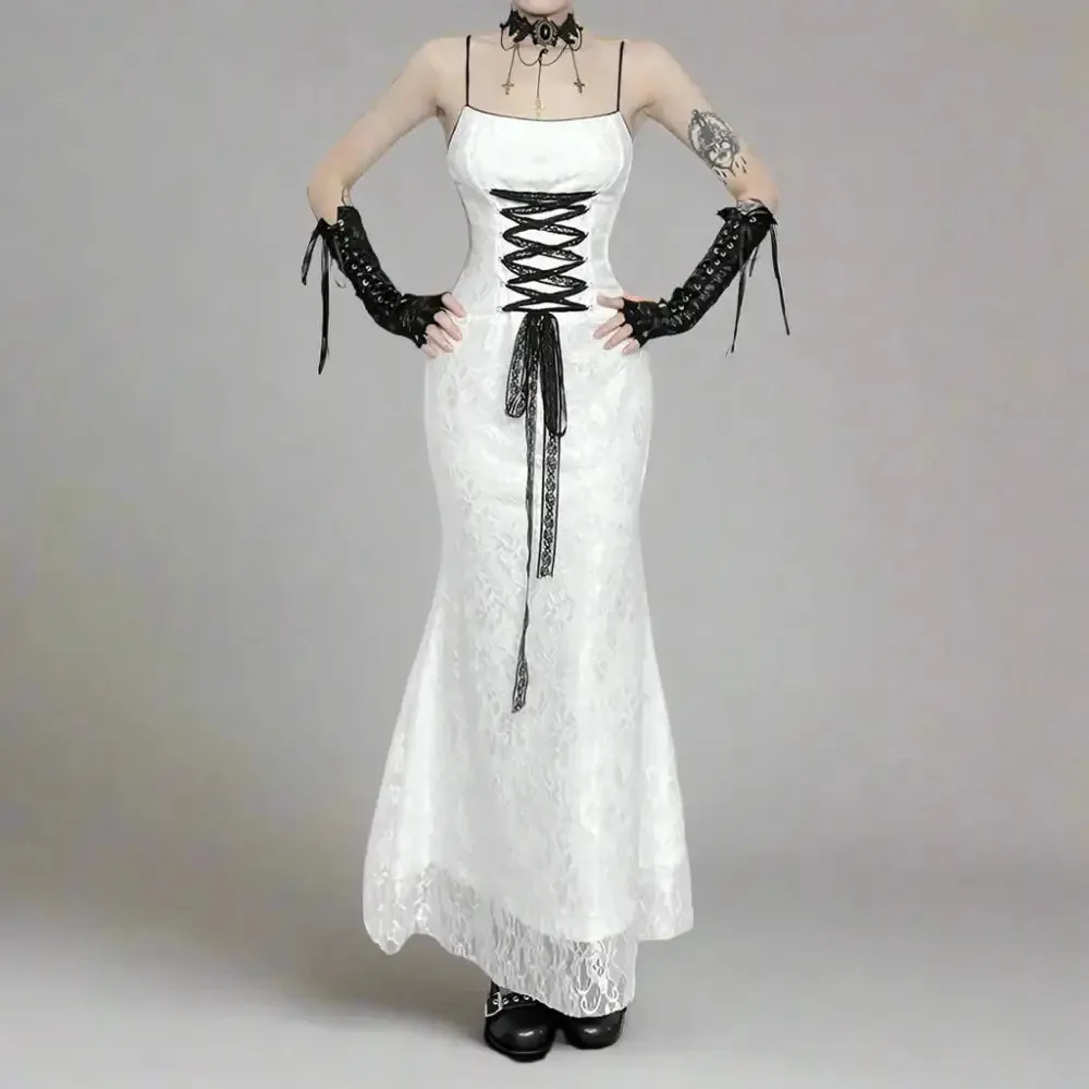 Y2K Gothic Ankle-Length Dress with Lace and Elastic Fabric