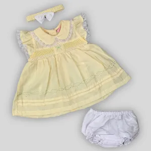 Yellow Baby Girl Summer Dress with Matching Headband & Knickers – Smocked & Embroidered