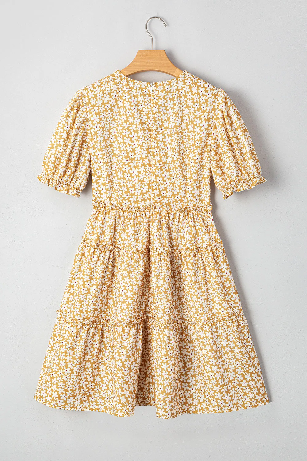 Yellow Floral Short Sleeve V Neck Frilly Tiered Mini Dress