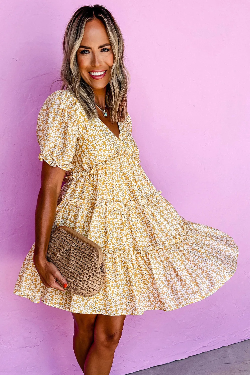 Yellow Floral Short Sleeve V Neck Frilly Tiered Mini Dress