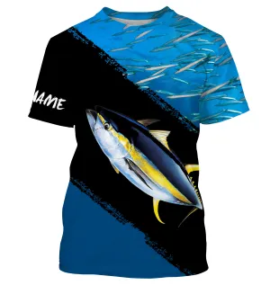 Yellowfin Tuna Fishing Blue Ocean Background Customize Name All-over Print fishing T-shirt TTN31